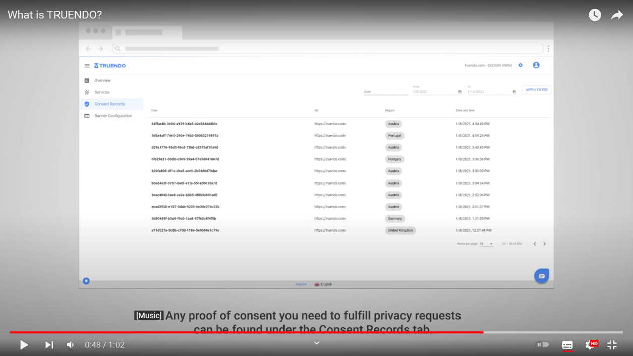 Figure 1: Video screenshot that shows that Consent records are kept and may be consulted by Truendo’s intended users